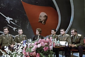USSR pilot-cosmonauts at a TV studio (from left to right): Pavel Popovich, Yuri Gagarin, Valentina Tereshkova, Valeri Bykovsky, Andrian Nikolayev and German Titov.