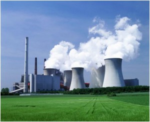 A coal fired plant with hyperboloid towers