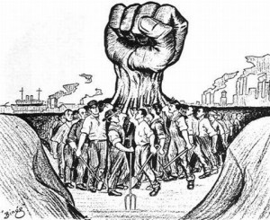 Workers joining fists to create one centralised fist.